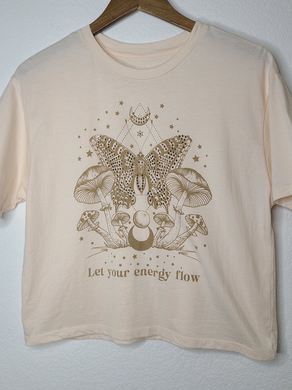 House Of Cotton Let Your Energy Flow Short Sleeve Tee Cream Gold Moon Butterfly